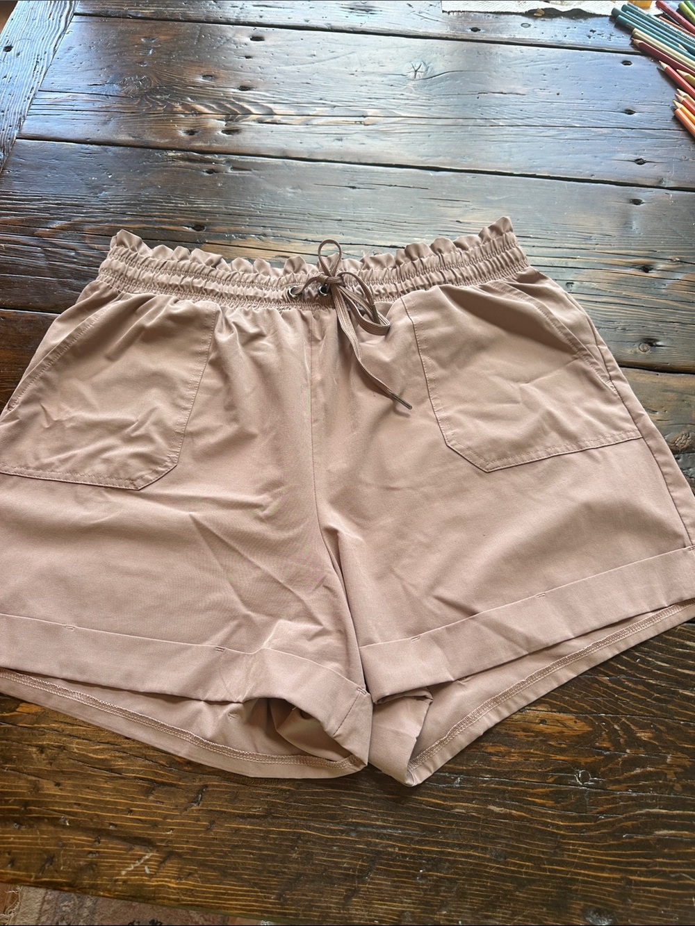 Danskin High-Waist Drawstring Shorts – Blye, Rose, Tan size L - Picture 9 of 13